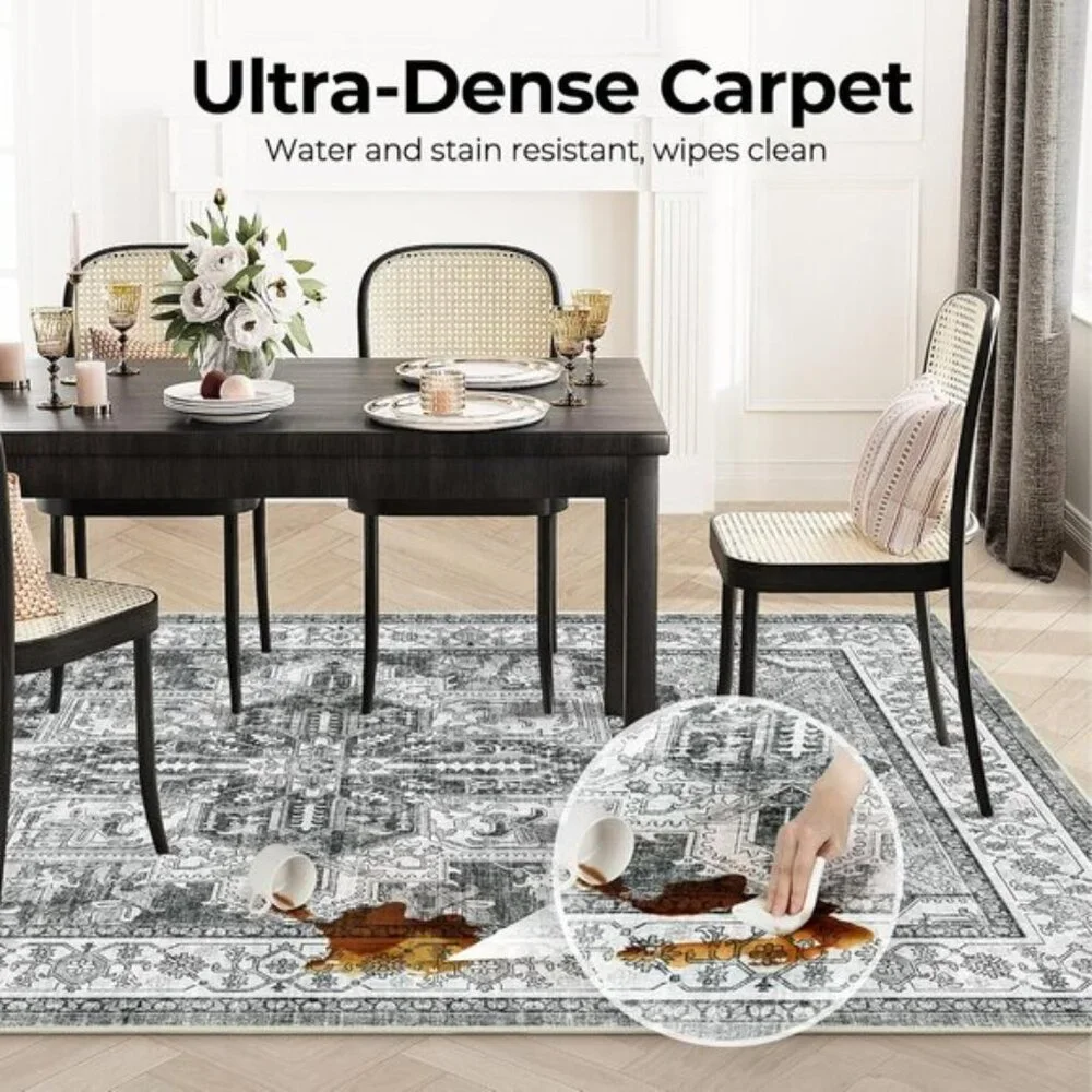 New 6x9 Gray Boho Area Rug, Washable Non-Slip Low Pile Carpet for Home & Office